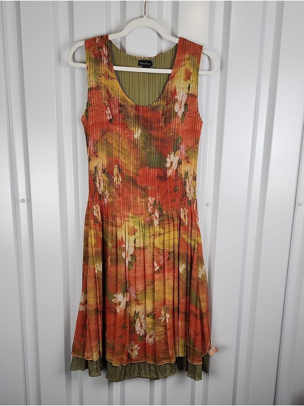 Caeliann Floral Pleated Dress Sleeveless Plisse Green Orange Sz Lg Forest Fairy - Picture 2 of 9